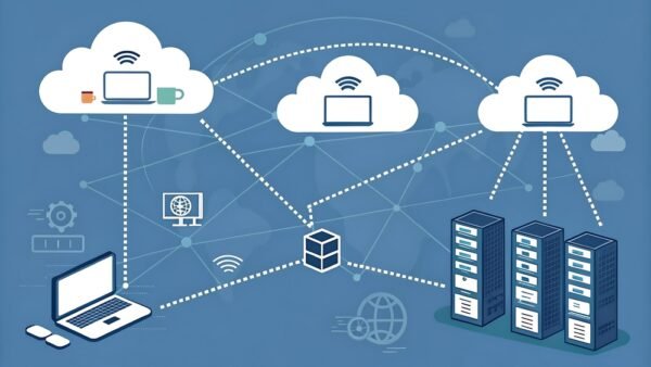 Cloud computing network diagram with various connections illustration