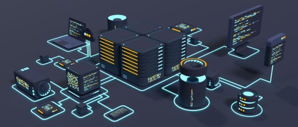 Computer technology 3D illustration. Computation of big data center. Cloud computing. Online devices upload and download information. Modern 3D illustration. 3D rendering