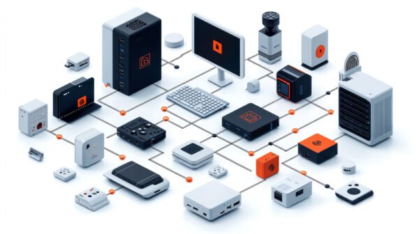 A digital ecosystem showcasing interconnected devices and technology components.