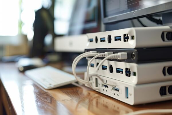 Modern technology setup on a wooden desk showcasing multiple USB hubs and a keyboard