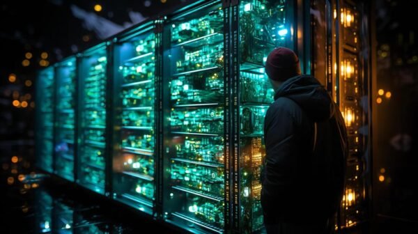 Network Engineer Intently Analyzing Data Server Racks in a Neon-Lit High Tech Data Center