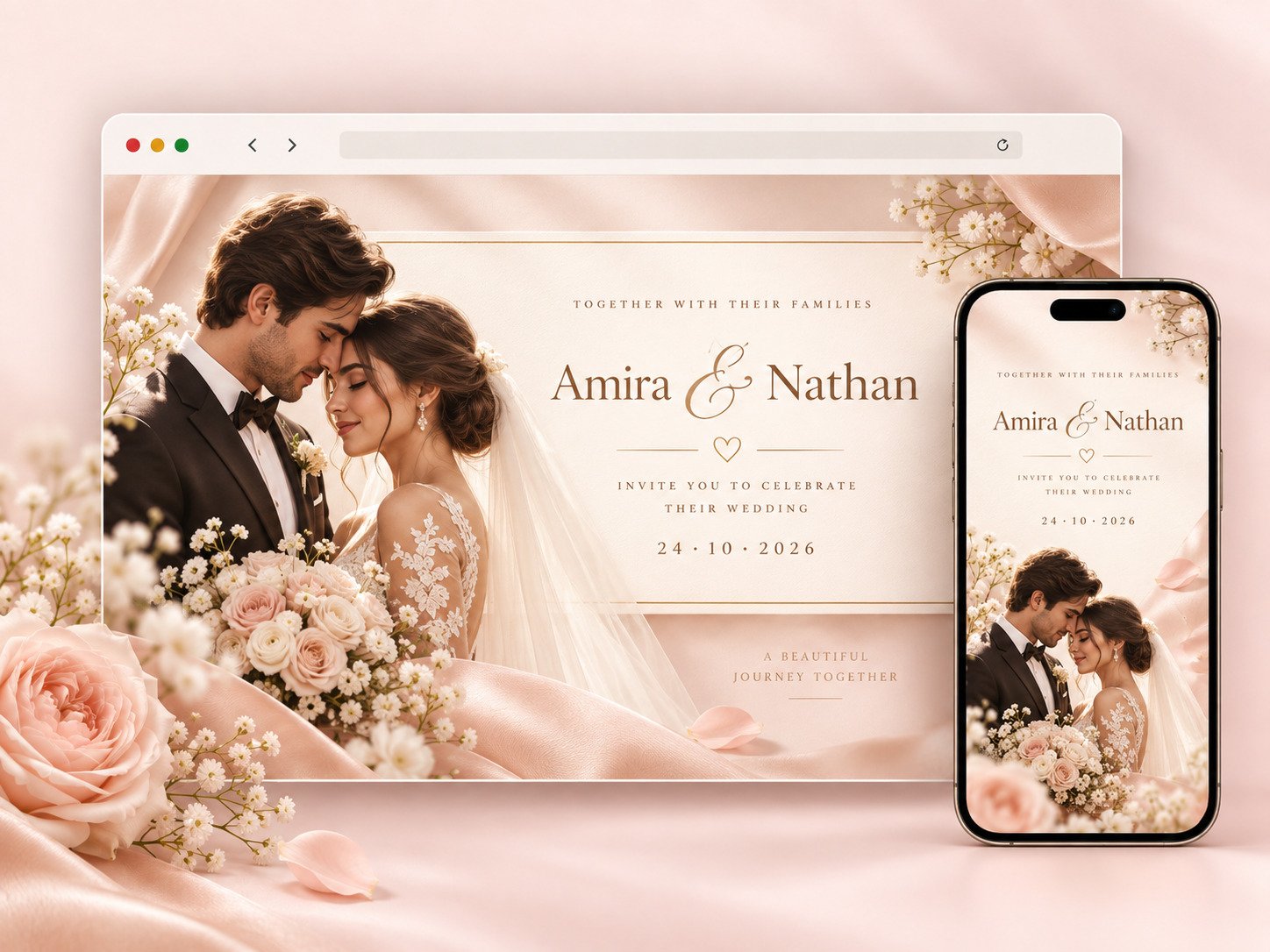 Premium wedding invitation website preview featuring a bride and groom on desktop and mobile screens.