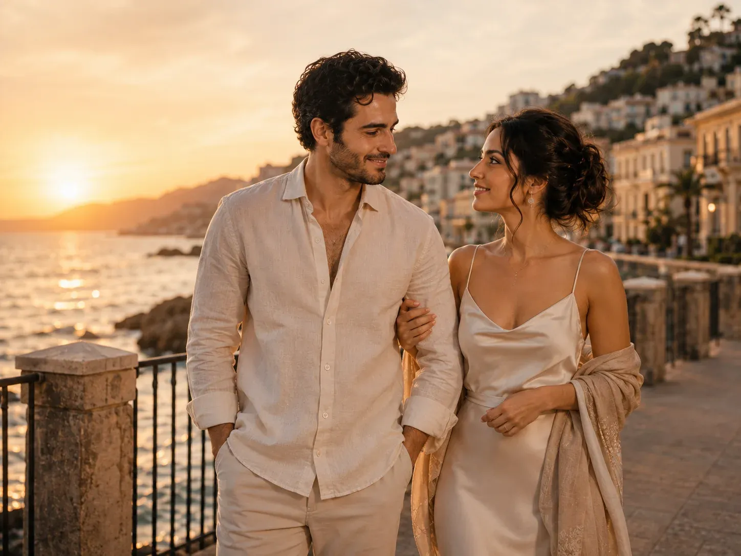 Julian and Elara celebrating their engagement in Paris